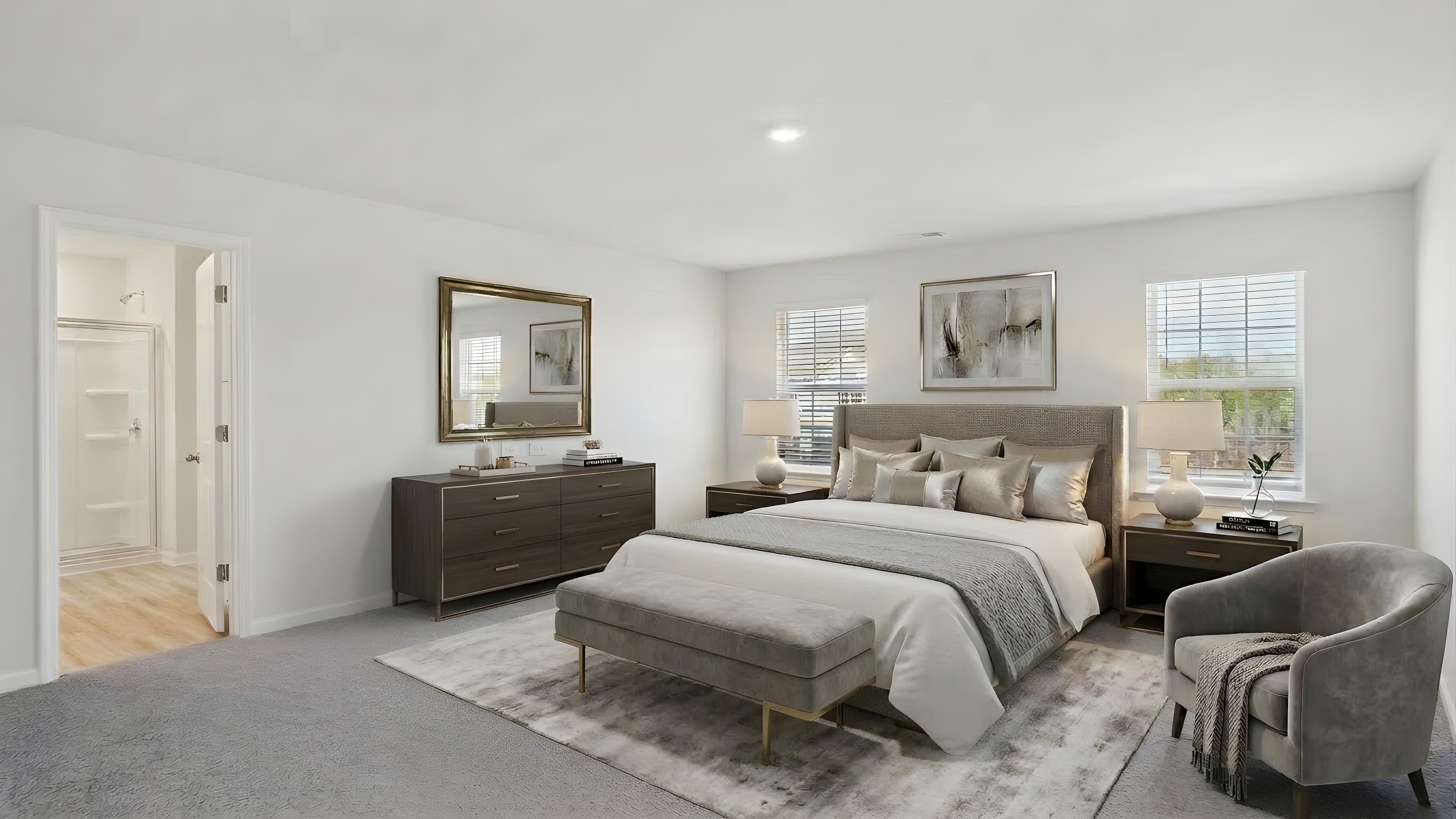 Carpeted bedroom with small windows