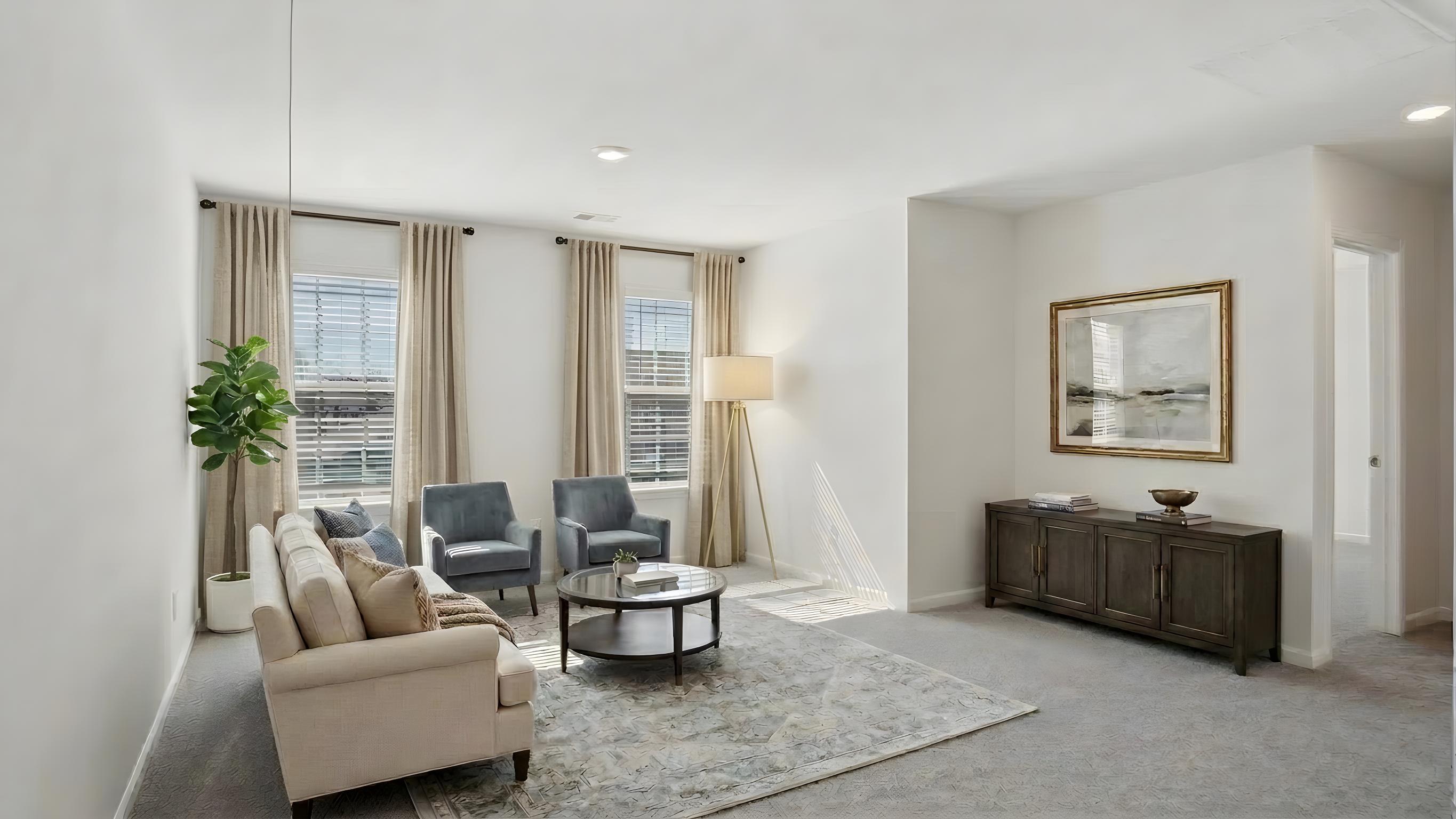 Carpeted bedroom with small windows