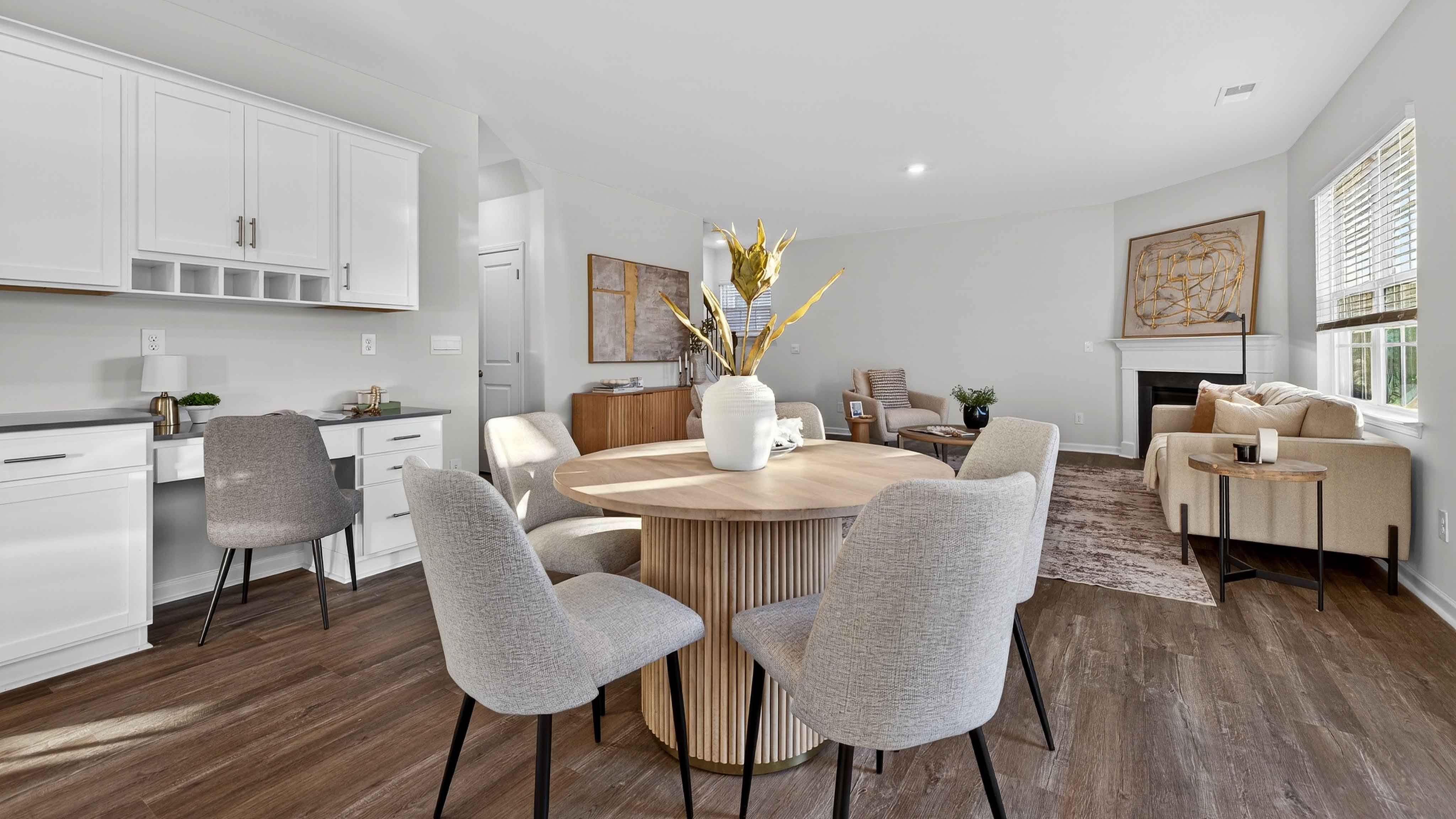 Kitchen with island, white cabinets