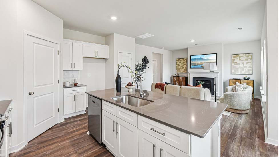 Kitchen and island with white cabinets, quartz counters, wood floors and stainless steel appliances