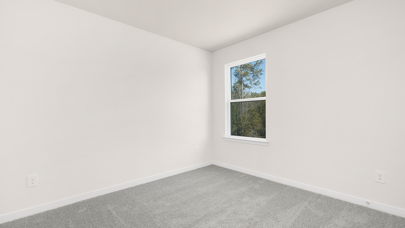 Carpeted bedroom with large window, view of bathroom door