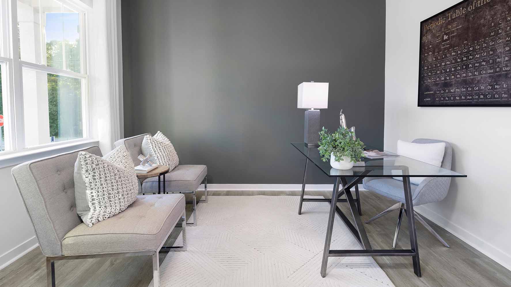 Office space with french doors and vinyl floors