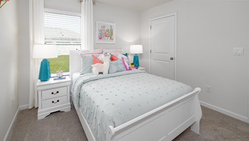 Carpeted bedroom with large window. New Home in Charlotte, North Carolina