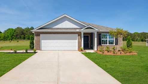 Villages of Maiden Aria Model front exterior beige brick, and white siding. New Home in Charlotte, North Carolina