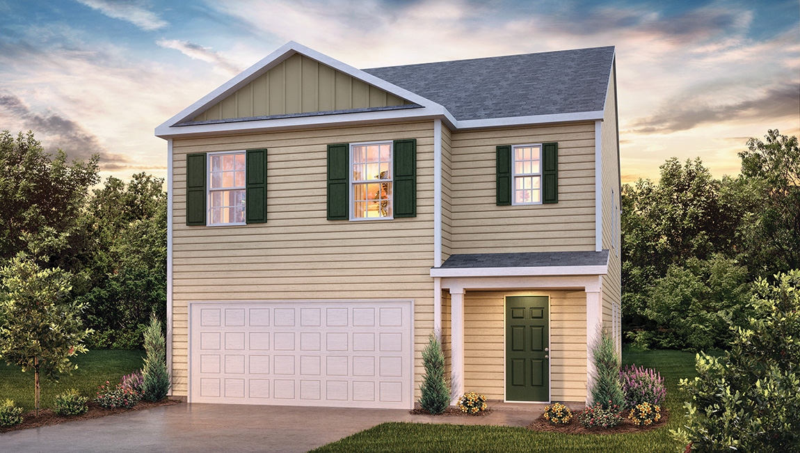 Robie front exterior rendering with siding and two car garage