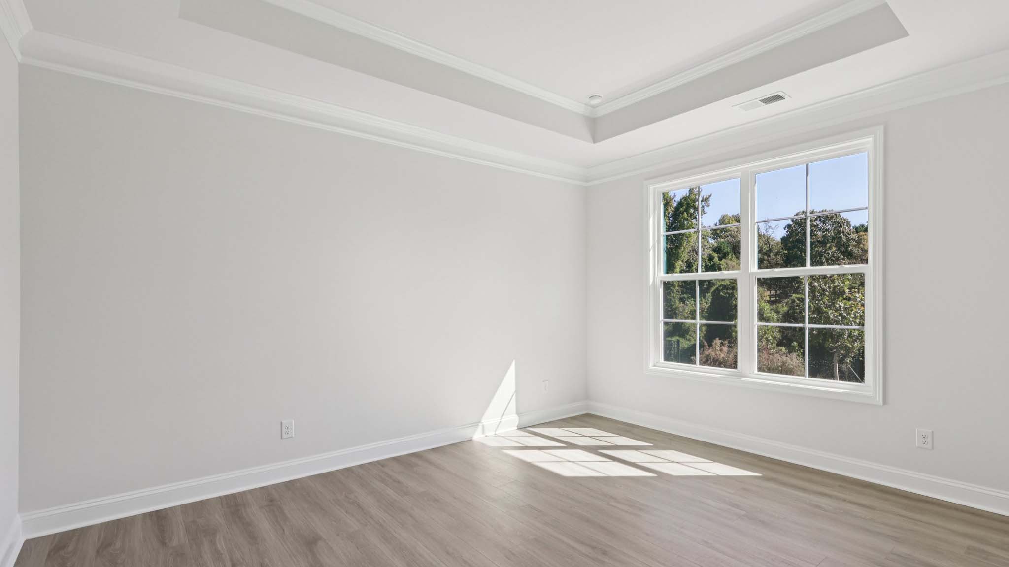 primary bedroom with vinyl flooring and large window