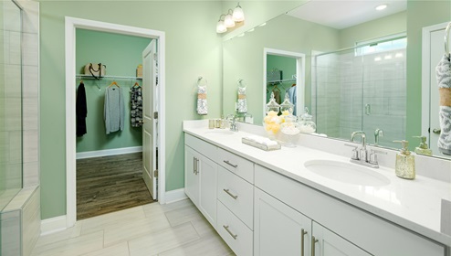 Primary bathroom with white cabinets and counters, view of closet