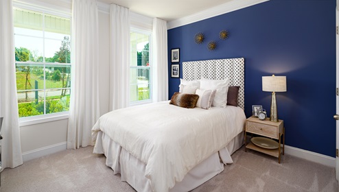 Carpeted bedroom with two large windows