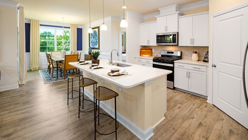 Kitchen and  island, white counters and cabinets, wood floors