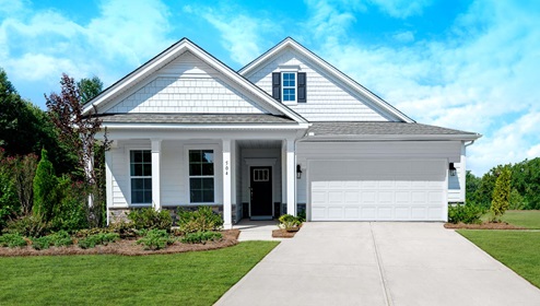 Brookside Bristol model front exterior with white siding and stone
