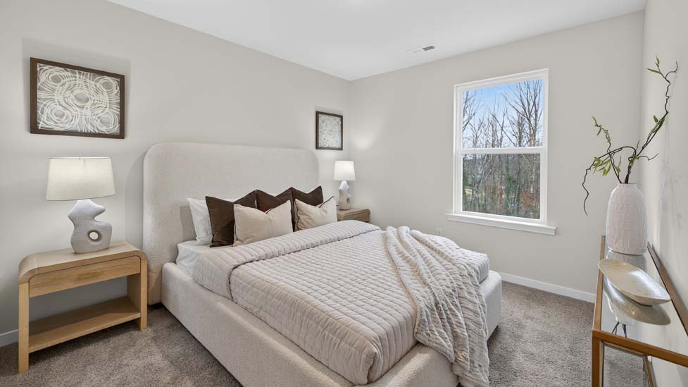 Carpeted bedroom with large window