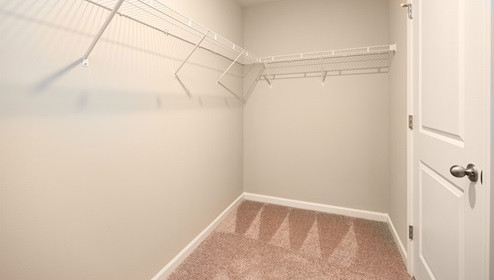 Model primary carpeted walk in closet