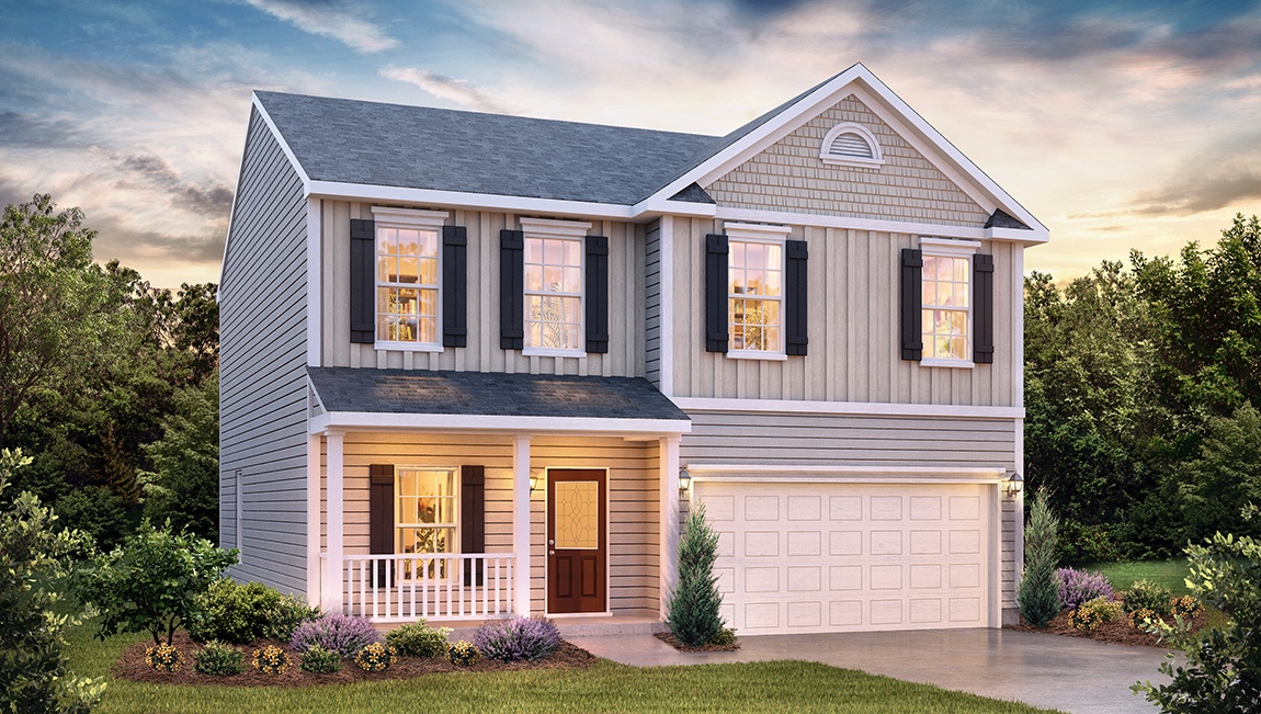 Hamilton front exterior with siding and two car garage