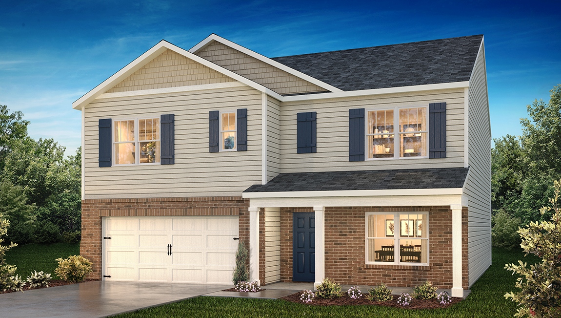 Hayden F front exterior rendering with siding and two car garage