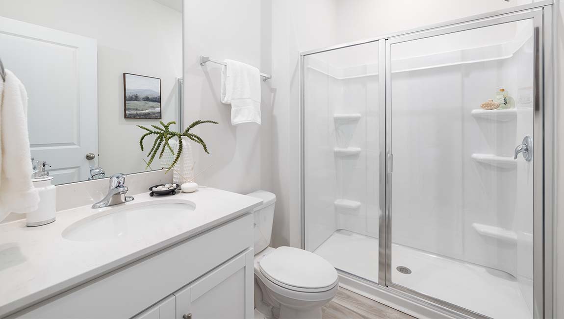Bathroom with large bathtub and standing shower