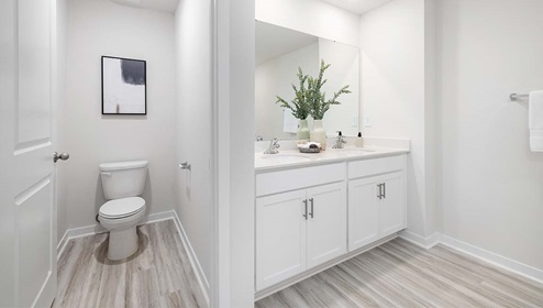 Bathroom with double sink vanity and walled-off toilet area