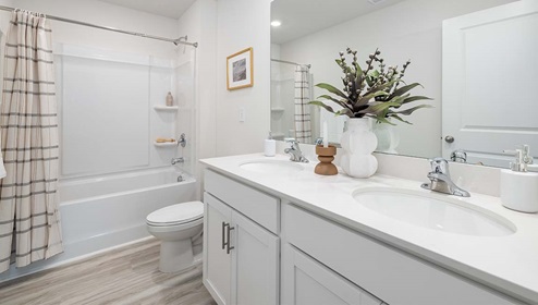 Bathroom with double sink vanity and bathtub shower combination