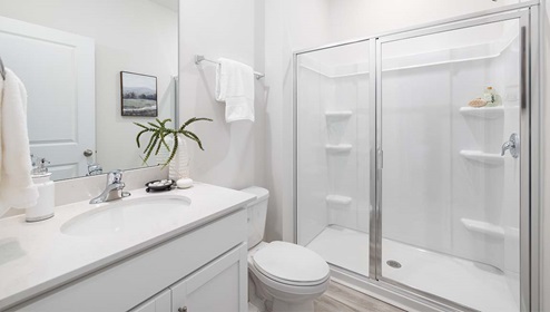 Bathroom with double sink vanity and standing shower