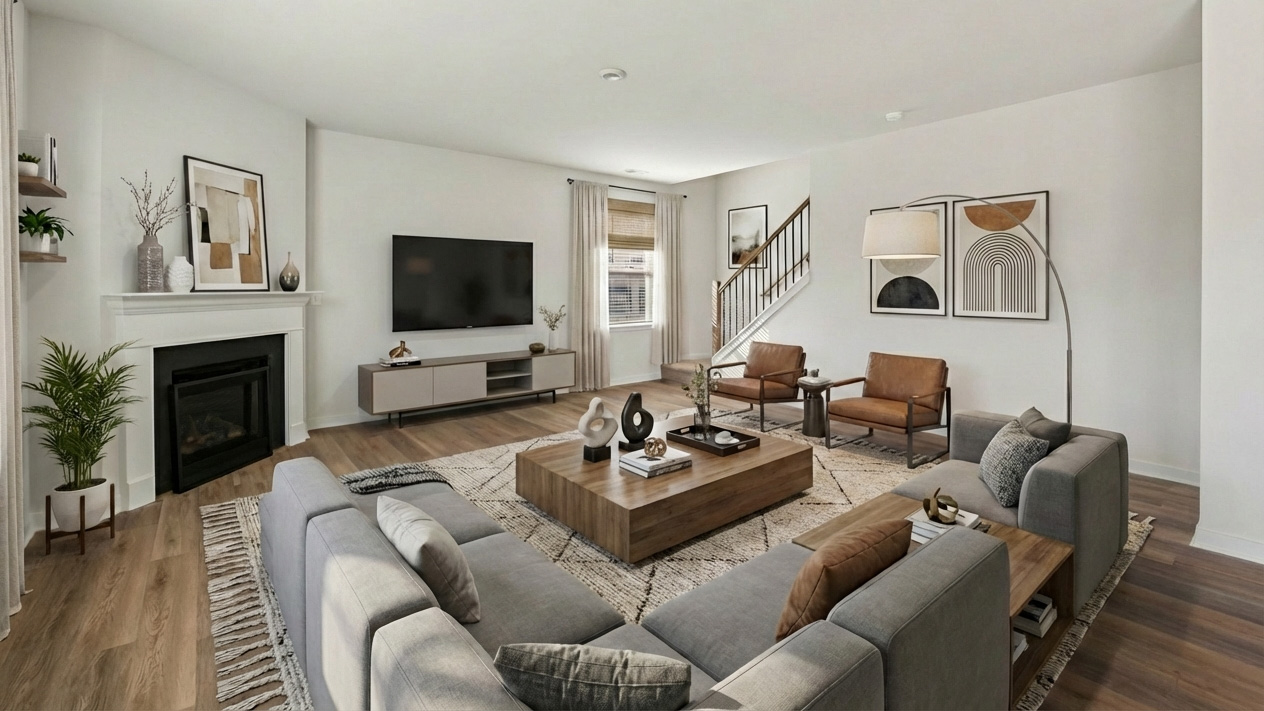 Living room area with fireplace and windows