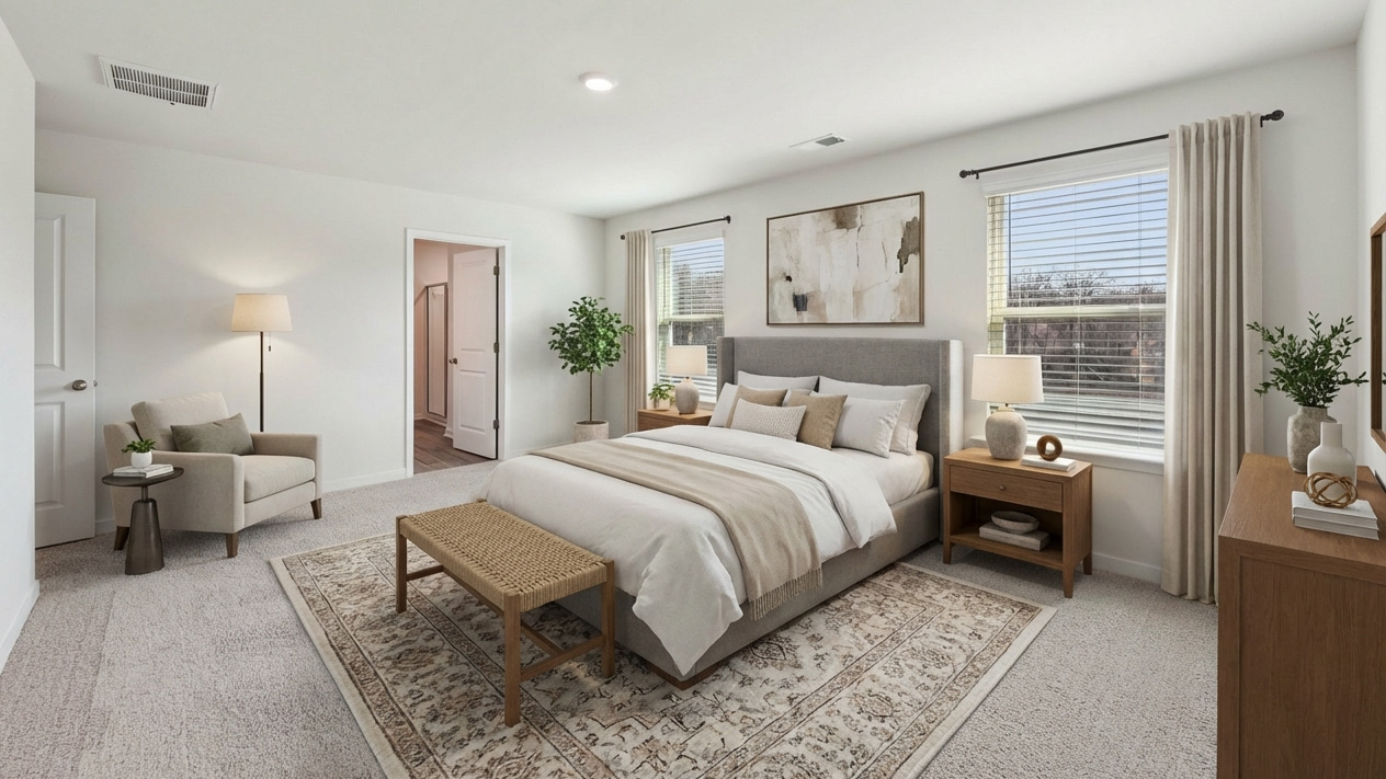 Carpeted bedroom with windows