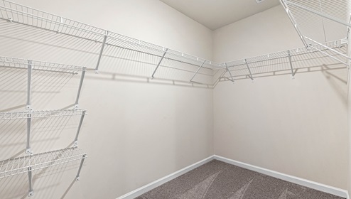 Primary walk in closet with carpet and built in racks