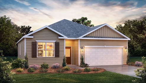 Cali front exterior rendering with siding and two car garage