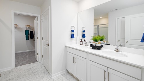 primary bathroom with double sinks, white counters and cabinets, and view of walk in closet