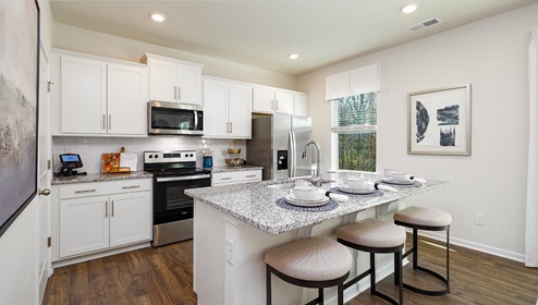 kitchen and island with white cabinets, wood floors and stainless steel appliances