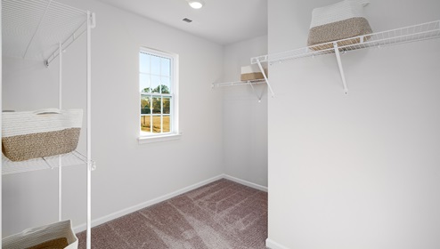 Primary bedroom walk in closet, carpeted, with small window