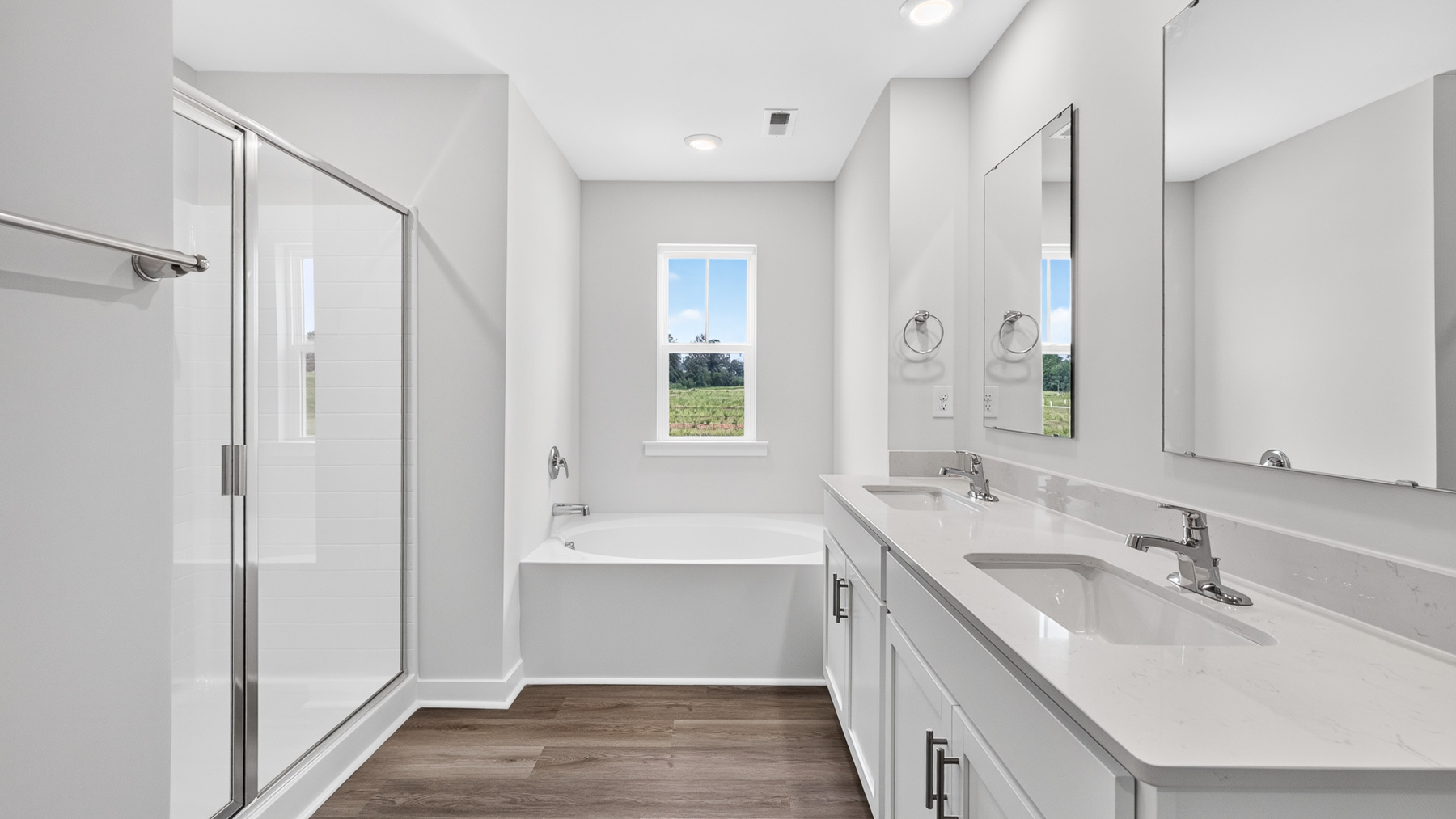 primary bathroom with standing glass shower