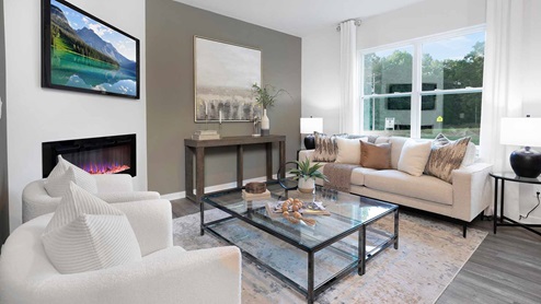 living room with vinyl flooring, electric fireplace and large window, New home near Charlotte, NC