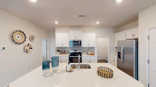 Falls at Hickory Robie Model Kitchen and island, with white counters and cabinets. New Home in Charlotte, North Carolina