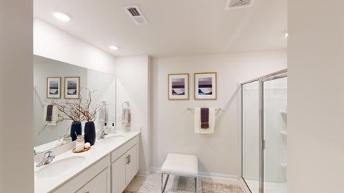 Falls at Hickory Robie Model bathroom with double sinks, white counters and cabinets, glass door shower