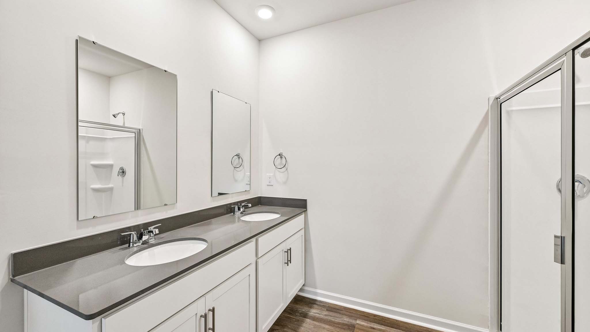 primary bathroom with double sinks and shower