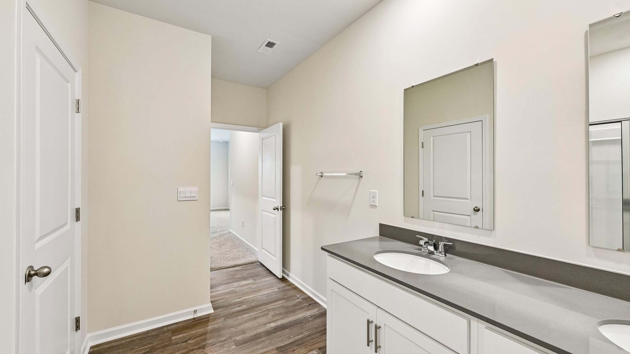 primary bathroom with double sinks and shower