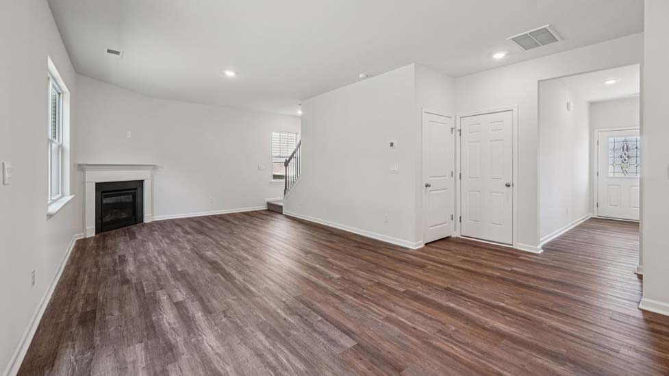 Living room with sliding glass doors and fireplace