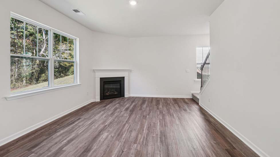 Living room with sliding glass doors and fireplace