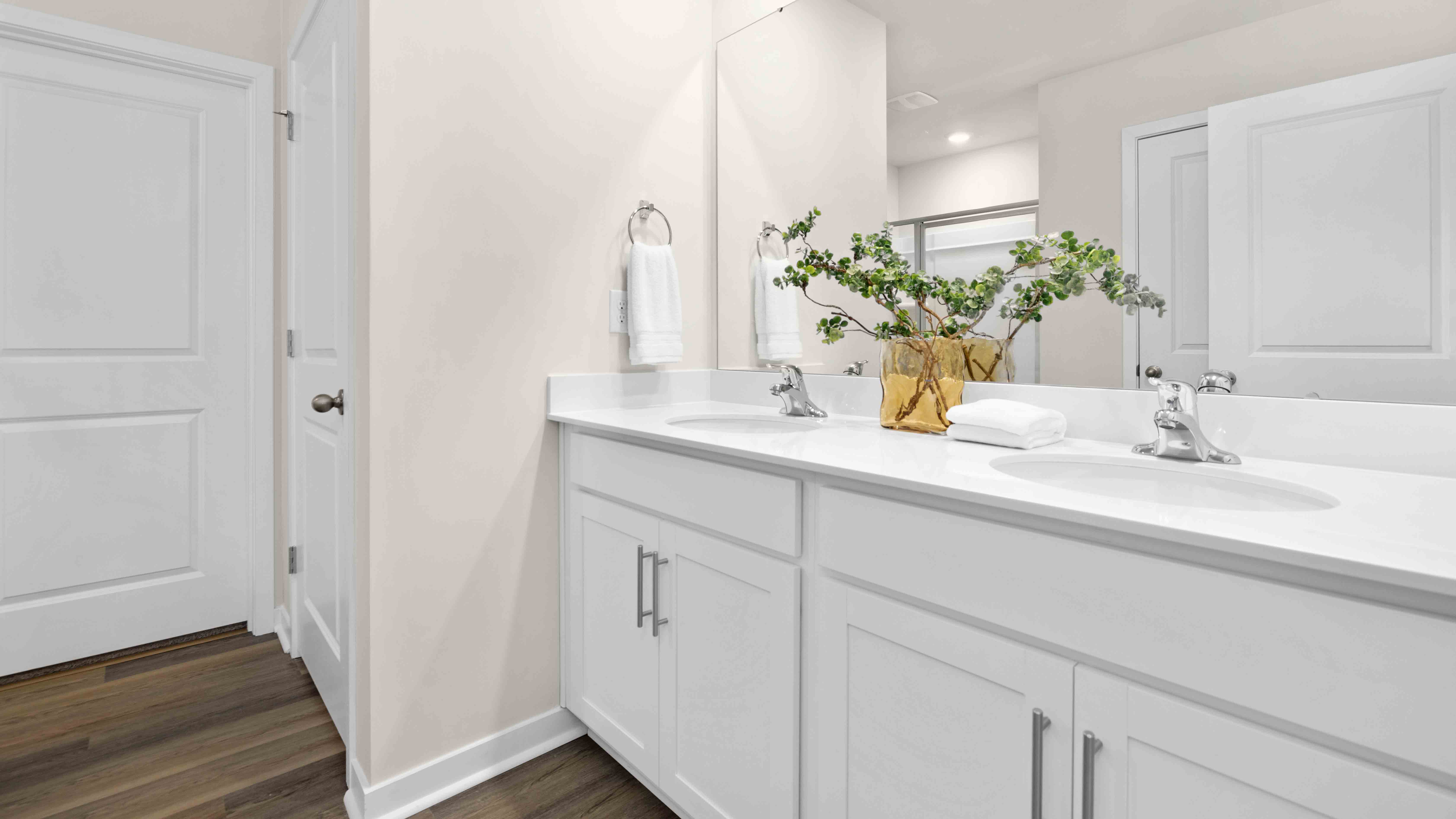 primary bath with double sink vanity and large shower