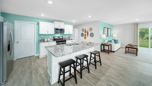 Kitchen and island, white cabinets,