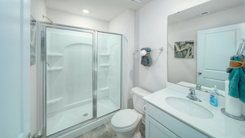 Bathroom with white counter and cabinets, standing glass door shower