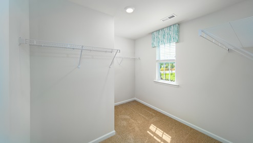 Primary walk in closet, carpeted with a window