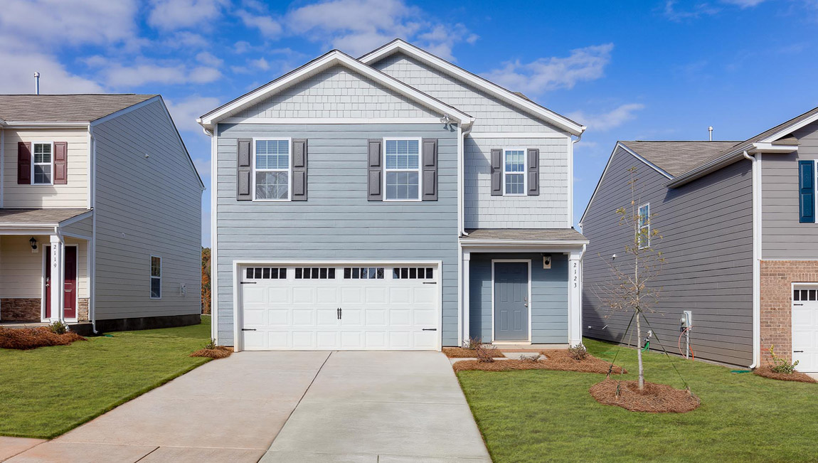 Robie B front exterior rendering with siding and two car garage
