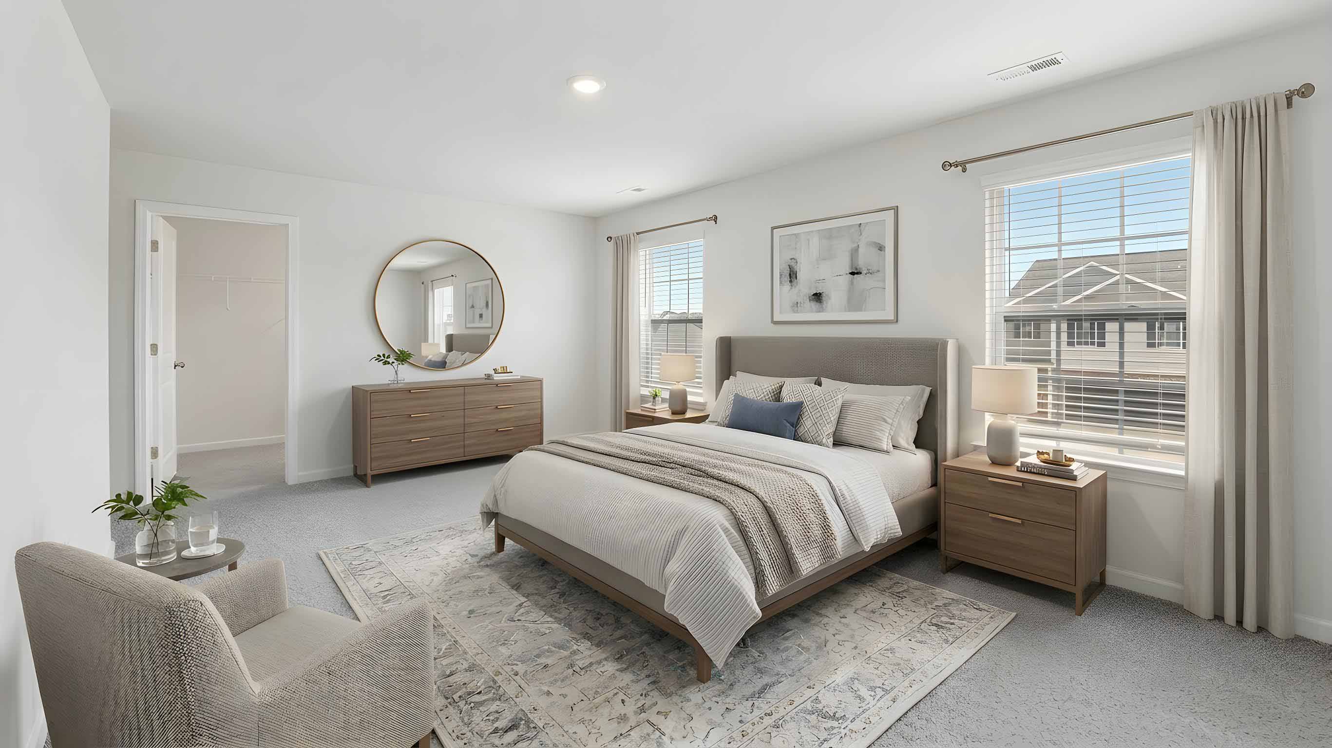 primary bedroom with carpet and large windows