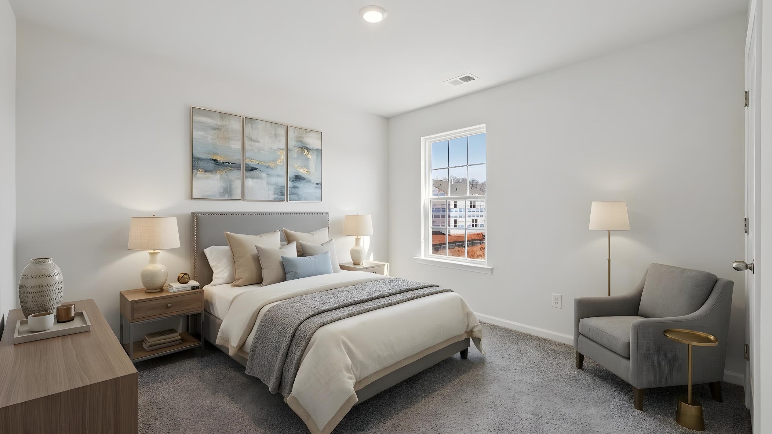 carpeted bedroom with small window