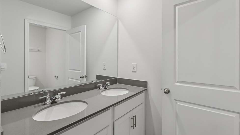 Bathroom with doubke sink vanity and bathtub shower combo