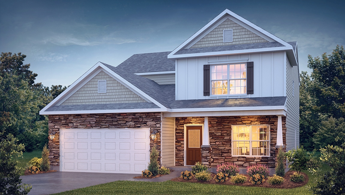 Winston front exterior rendering  with siding, stone, and two car garage