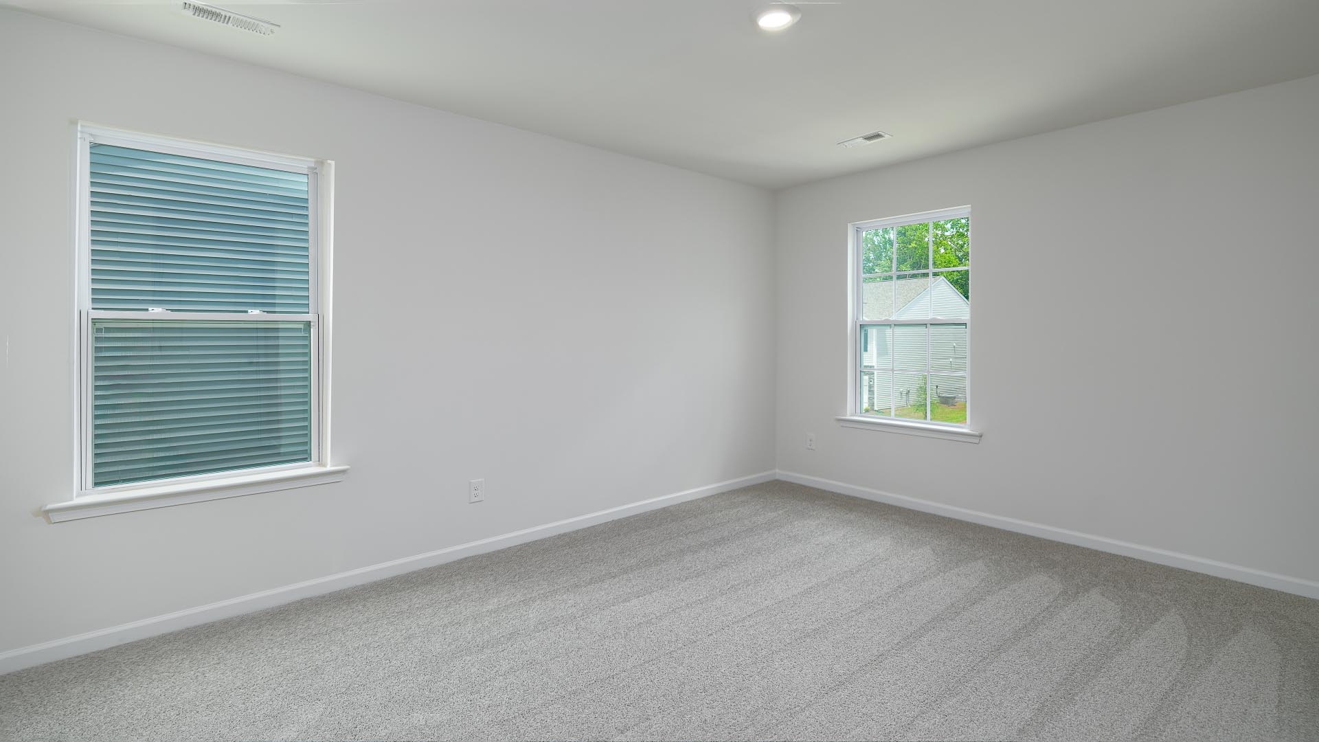 Primary bedroom with carpet and two large windows