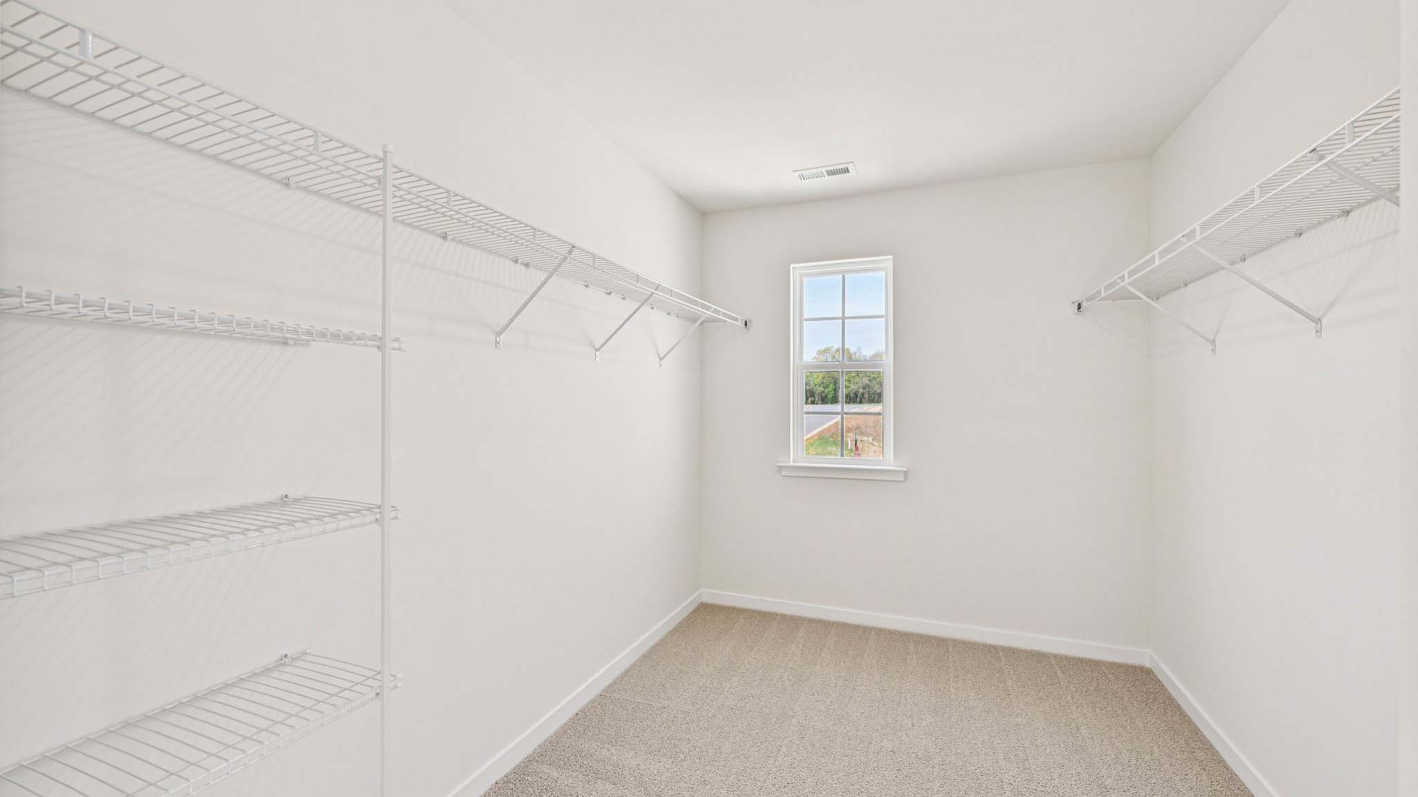 Primary bedroom carpeted walkin closet