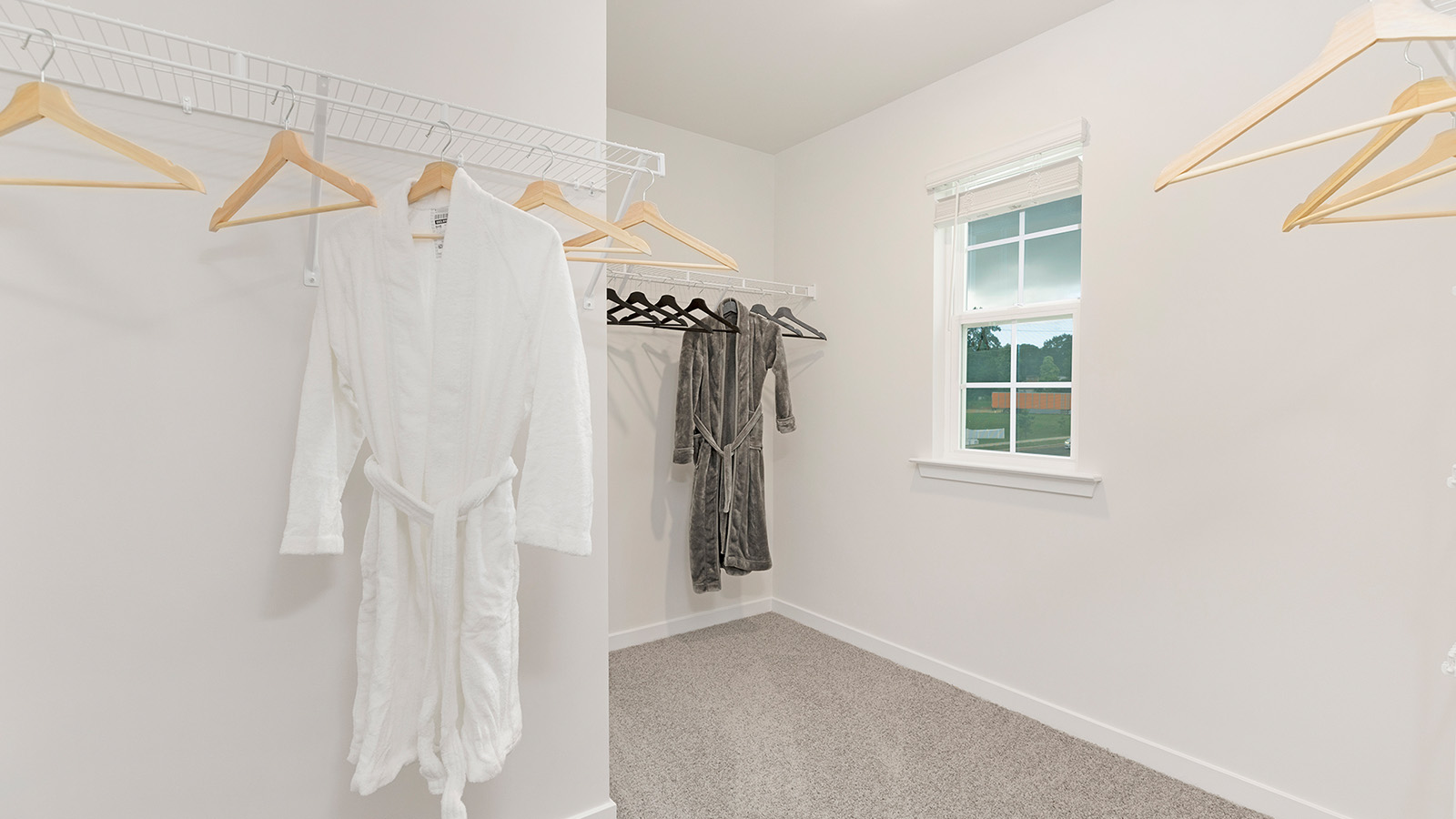 Primary bedroom walk in closet with carpet and small window