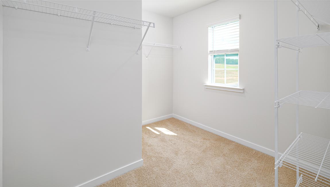 Primary bedroom walk in closet with carpet and small window